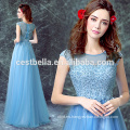 2017 Elegante elegante rebordeado Applique Top A Line Tulle azul largo vestido de noche Elegante cena vestido